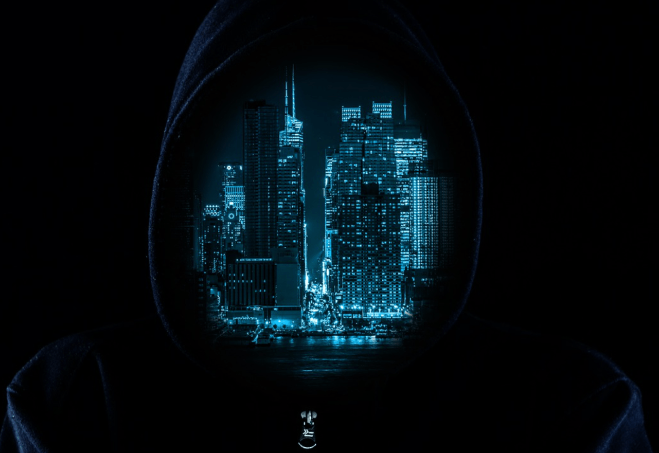 man stares into a dystopian future city