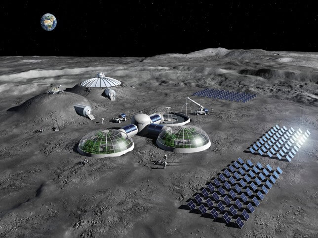 moon base artist rendition with greenhouses and solar panels