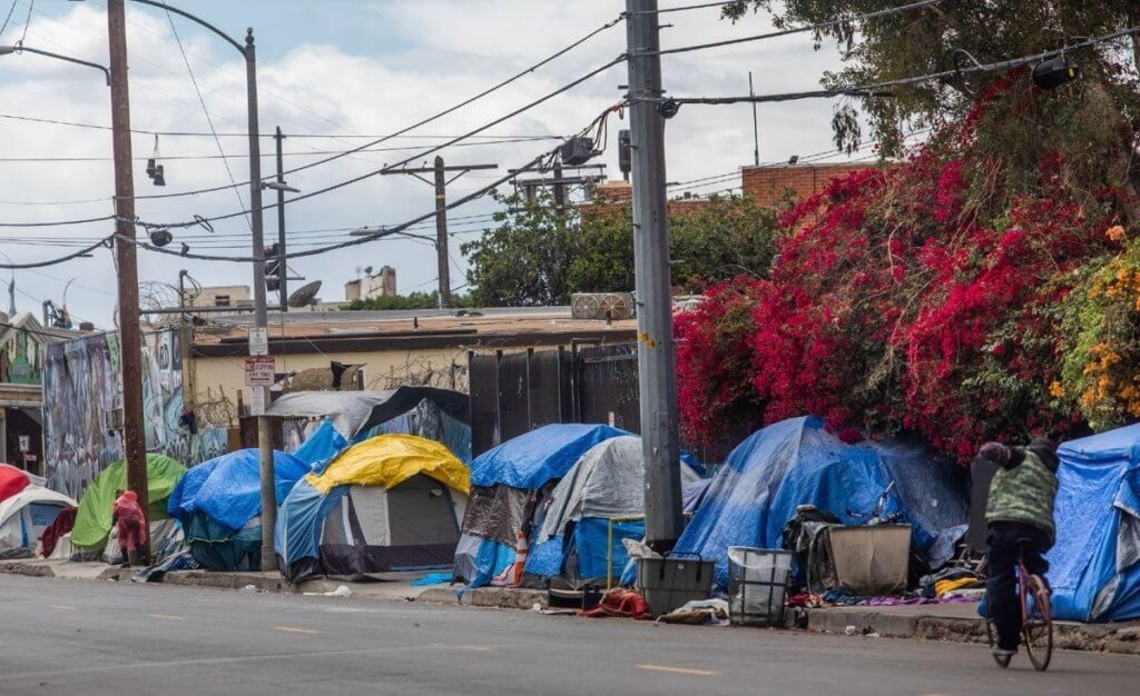 homeless tents lining a california street