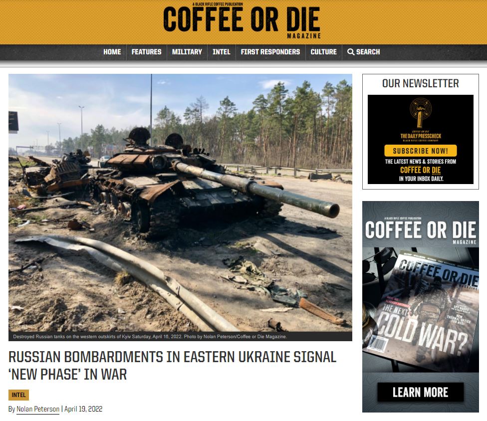 screenshot of coffee or die web-published article on russian bombardments in april 2022