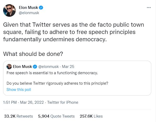 Tweet from Elon Musk stating Twitter is the de facto public town square.