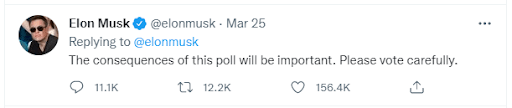 Tweet from Elon Musk talking about the importance and consequences of his Twitter poll.