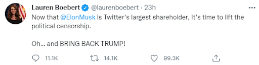 Tweet from Lauren Boebert asking Elon Musk to reinstate Trump's Twitter account