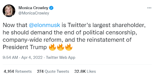 Tweet from Former assistant secretary of public affairs at the Treasury Department Monica Crowley asks Elon Musk to reinstate President Trumps Twitter account