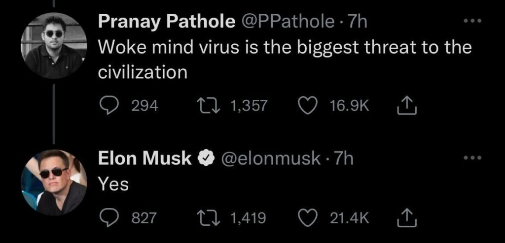 screenshot of elon musk's reponse to twitter user stating woke mind virus is biggest threat to civilization