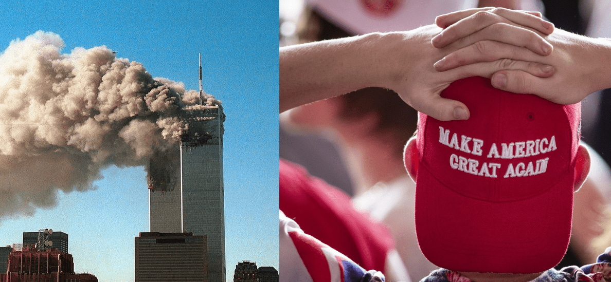 september 11th attacks juxtaposed with maga hat wearing conservative